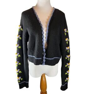 ZARA Black Cropped Cardigan Embroidered Daisy Flowers Pastel Trim Size M‎